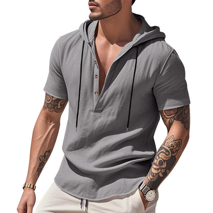 Chemise Henley "Breeze-Hood" – Lin Respirant, Manches Courtes & Capuche Ajustabl