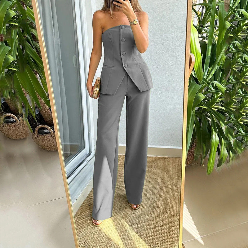 Ensemble "City Chic" 2 Pièces – Top Tube Boutonné & Pantalon Droit