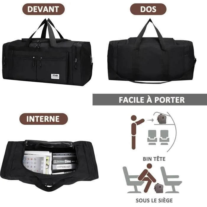 Sac de Voyage 80L, Grand Sac de Sport Pliable avec Bandoulière et Multi-Poches, Imperméable, Résistant à l'usure - 70x28x32cm