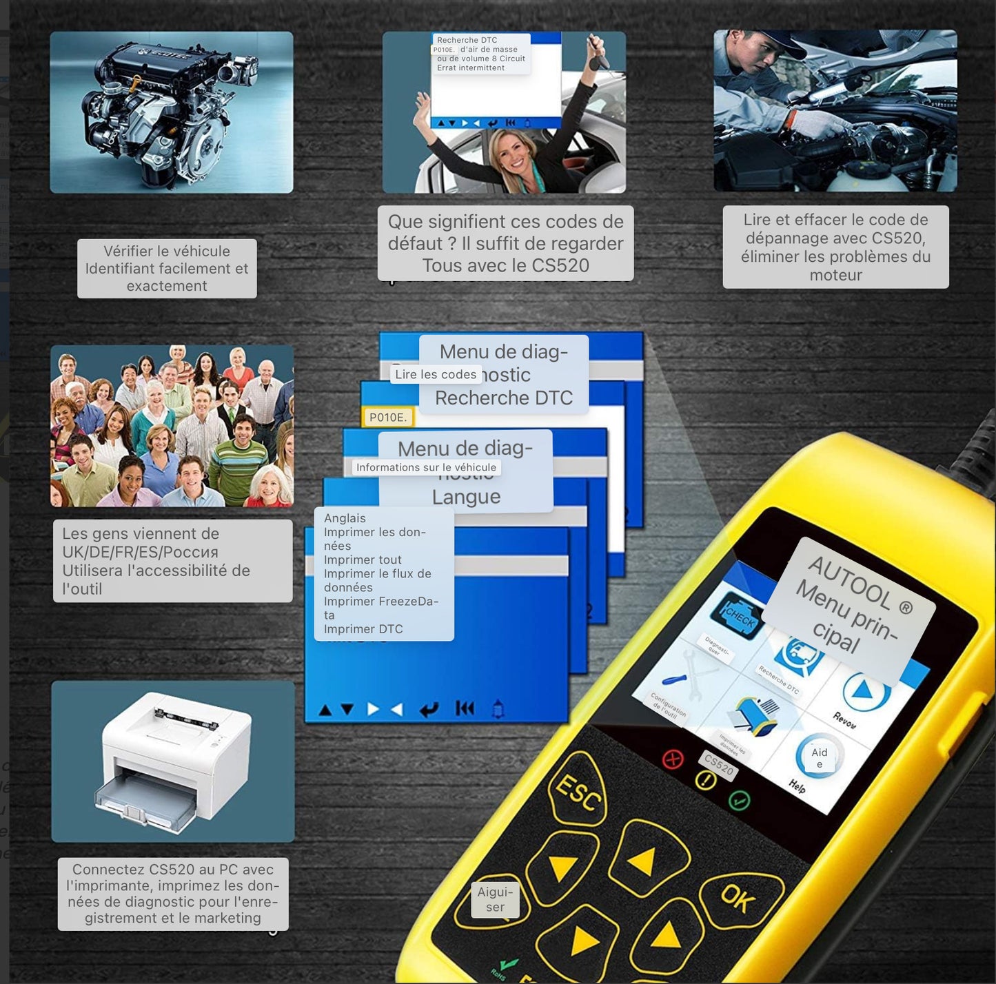 Lecteur de code de voiture AUTOOL OBD2, scanner de système de moteur automobile, outil de diagnostic de code d'erreur pour véhicule universel, CS-520