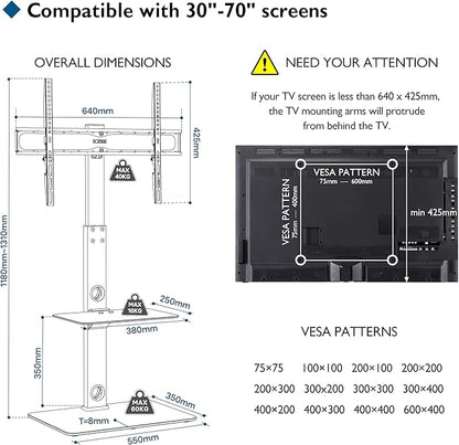 Support TV sur Pied pour 30-70 Pouces Montage au Sol Téléviseurs Incurvés Plats LED OLED LCD jusqu'à 40 kg, Pivotant Hauteur Réglable avec 2 Etagères, Max VESA 600x400 mm