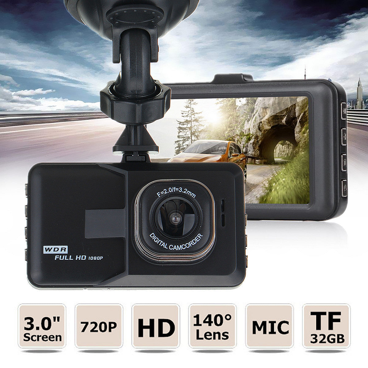 Camera embarquée, dash cam Enregistreur de conduite caché Acier en or noir 3,0 pouces HD 1080P Enregistreur de conduite de voiture Spot du fabricant