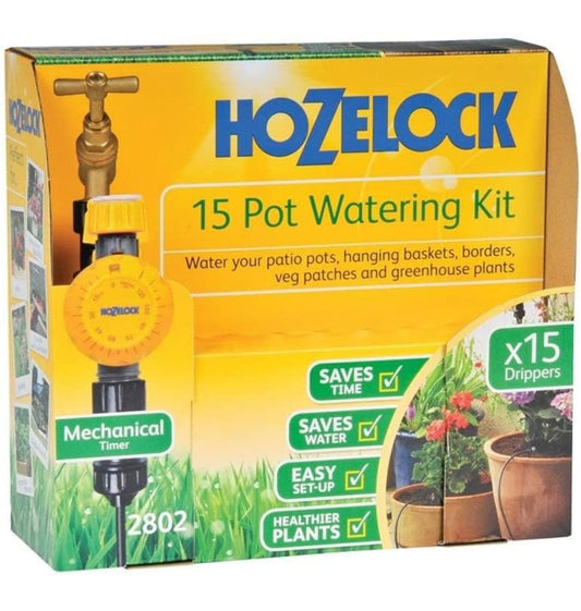 HOZELOCK - Kit d'Arrosage Goutte-à-Goutte pour 15 Pots : Système Complet avec Minuteur Mécanique Intégré, Idéal pour Plantes en Pot, Arrosage Précis et Économe en Eau