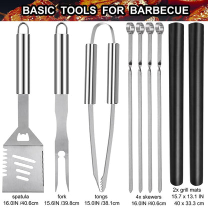 Set Barbecue, 25pcs Barbecue Accessoire avec Résistant à la Chaleur dans Le Cas, Premium Complète Kit Barbecue - Ustensiles Barbecue pour Homme