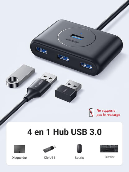 UGREEN Hub USB 3.0 vers 4 Ports USB 5Gbps Transfert Rapide Hub Multiple USB Compatible avec Souris Clavier Disque Dur, PC PS5 PS4 Pro Slim Xbox One MacBook USB A, Windows MacOS Linux, 1M Câble