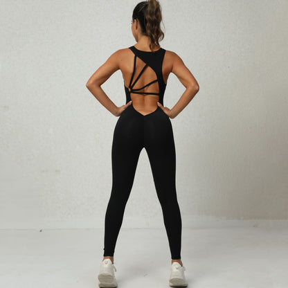 Combinaison de yoga en forme de V Conception du dos Sans manches Fitness Running Sportswear Stretch Tights Pantalons pour femmes Vêtements