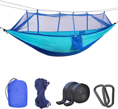 Hamac de Camping avec Moustiquaire, Ultra-léger Hamac de Voyage, 260 x 140cm, 300kg Capacité de Charge, 2 Personnes Nylon Respirante Portable Hamac pour Jardin Camping Extérieur (Bleu)