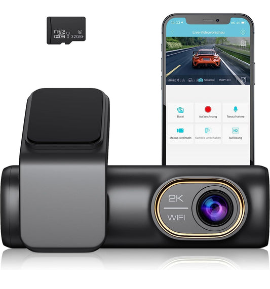 Dashcam Voiture Avant 2K 1440P, Camera Voiture, avec Carte SD 32GB, WiFi & APP, Grand Angle de 150°, Vision Nocturne IR, Enregistrement en Boucle, 24 Eures Mode Parking, G-Capteur, WDR
