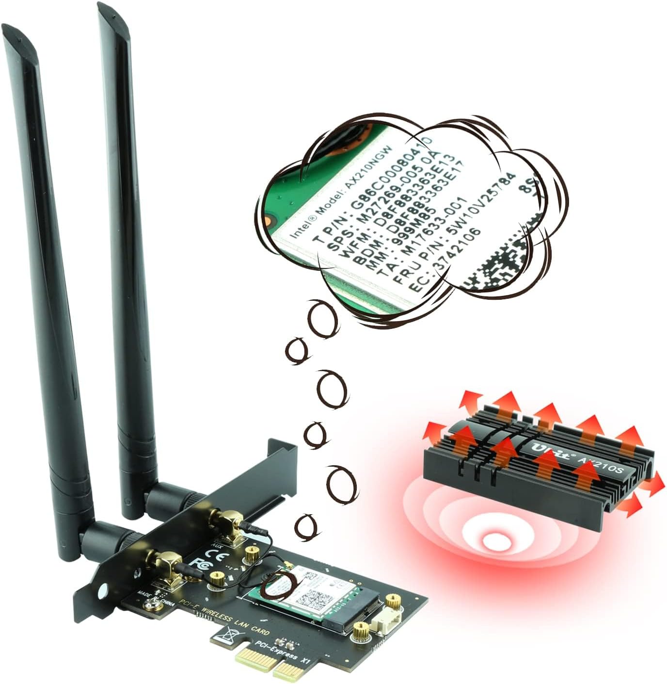 Ubit Carte Réseau WiFi 6E AX210 PCIe Carte WiFi | Max 5374Mbps avec BT 5.3| Adaptateur sans Fil Tri-Bande 802.11AX avec MU-MIMO,OFDMA,Ultra-Low Latency | Soutien Windows 10/11 64bit