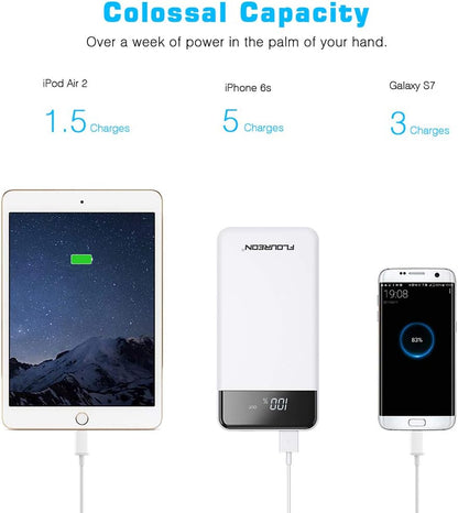 FLOUREON Batterie Externe 20000mAh Power Bank avec L’écran LED Chargeur Portable 2 Ports Entrées 2 Ports Sorties USB pour Téléphone Portable Tablette
