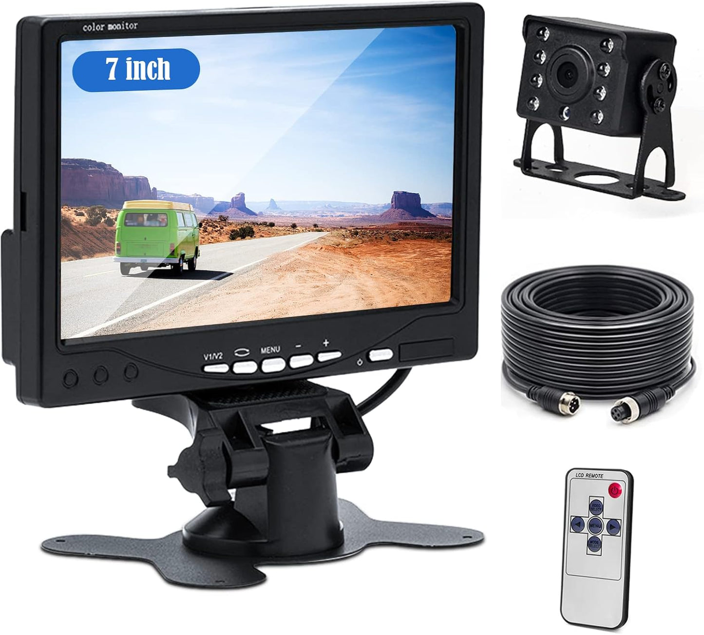 CAMECHO Caméra de recul pour Voiture+7" LCD Moniteur Kit 12V - 24V Kit de système de Parking pour caméra de Vision Nocturne étanche pour Bus/remorque/fourgonnette/Camion/Camping-Car