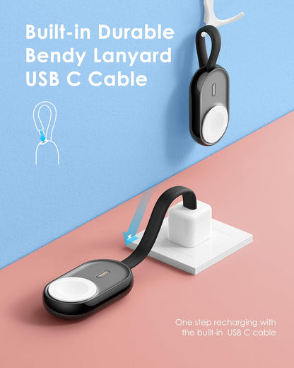 Chargeur sans Fil Portable pour Apple Watch Series 8/UItra/7/6/5/4/3/2/SE/Nike,1200mAh iWatch Keychain Charger Power Bank avec câble intégré (Noir)