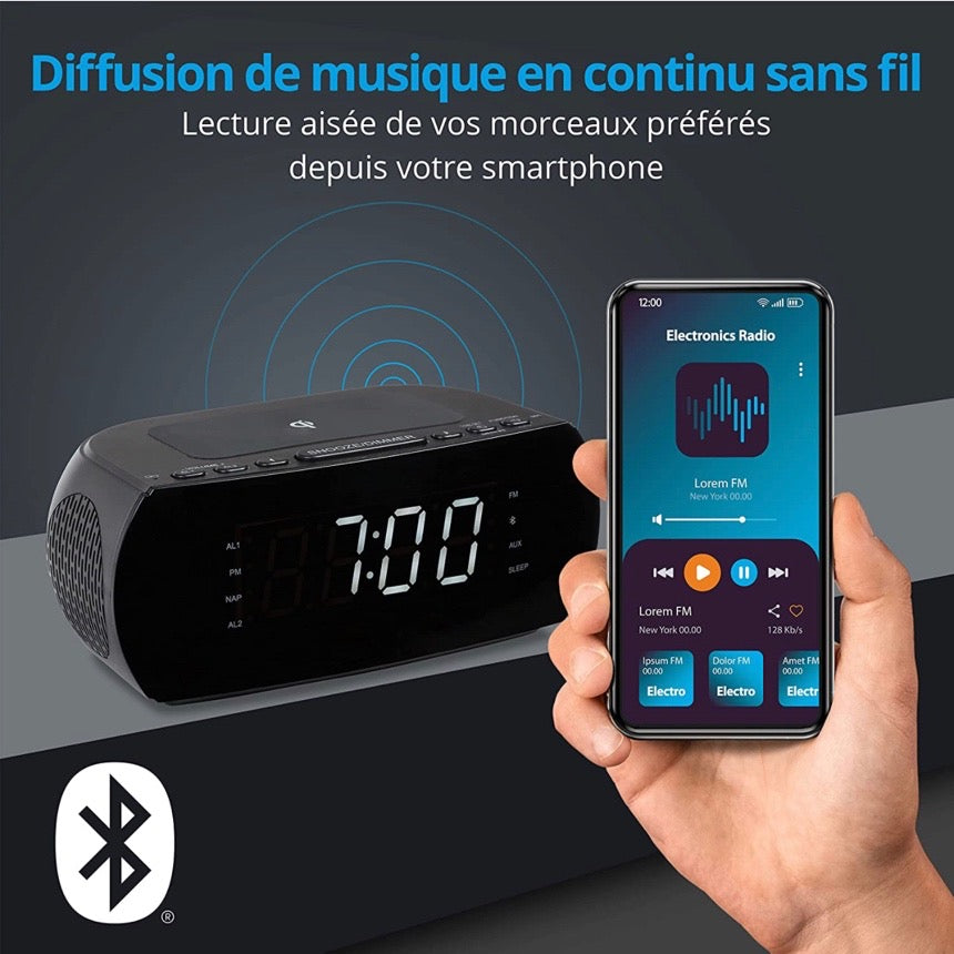 Radio-réveil avec Station de Charge sans Fil, Qi Pad de Charge Rapide iPhone Samsung, Bluetooth