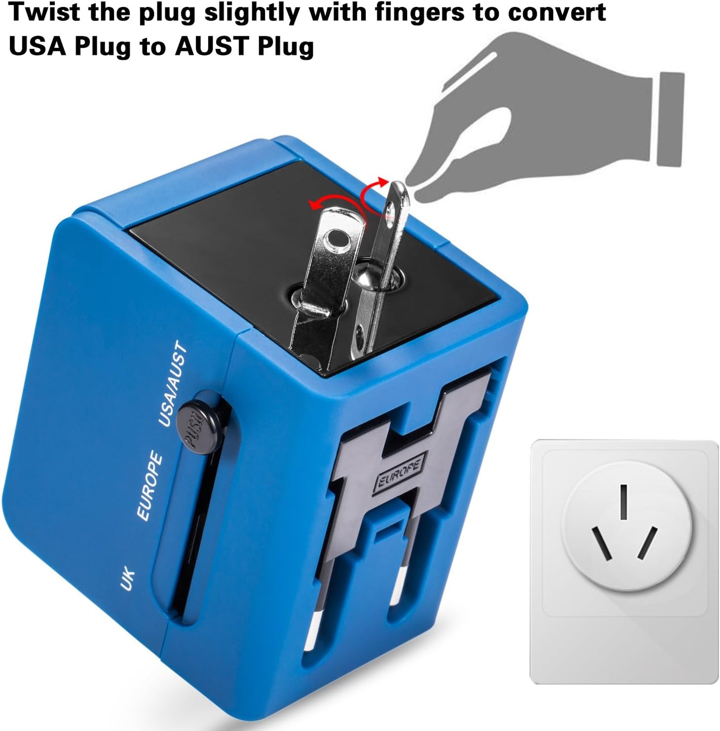 Adaptateur de voyage, adaptateur secteur universel mondial tout en un Chargeur mural international pour téléphone portable et Pc portable, avec double port de charge USB pour les USA, Europe, Royaume Uni, Australie (Bleu)