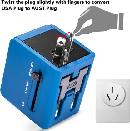 Adaptateur de voyage, adaptateur secteur universel mondial tout en un Chargeur mural international pour téléphone portable et Pc portable, avec double port de charge USB pour les USA, Europe, Royaume Uni, Australie (Bleu)