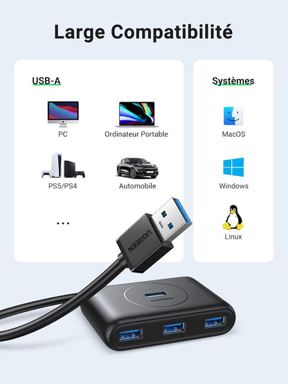 UGREEN Hub USB 3.0 vers 4 Ports USB 5Gbps Transfert Rapide Hub Multiple USB Compatible avec Souris Clavier Disque Dur, PC PS5 PS4 Pro Slim Xbox One MacBook USB A, Windows MacOS Linux, 1M Câble