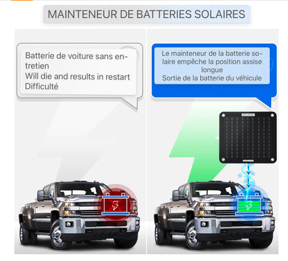 12 Volt 10W Chargeur de batterie de voiture solaire, Charge d'entretien de panneau solaire, Alimentation de secours de panneau solaire portable avec adaptateur de pinces crocodile pour voiture, bateau, moto, camping-car, camion