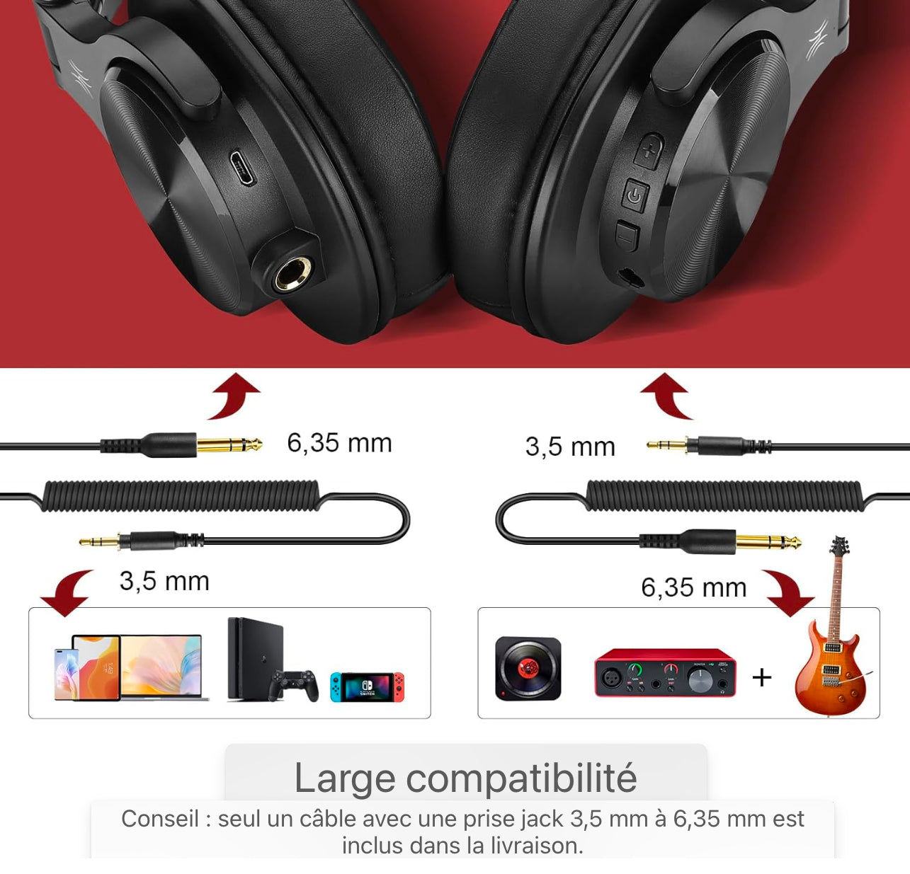 Casque Bluetooth Over Ear, 72 heures HiFi Casque stéréo sans fil, casque sans fil avec prise jack 6.35mm & 3.5mm pour Studio DJ Téléphone portable PC AMP - Rouge