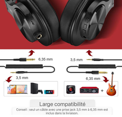 Casque Bluetooth Over Ear, 72 heures HiFi Casque stéréo sans fil, casque sans fil avec prise jack 6.35mm & 3.5mm pour Studio DJ Téléphone portable PC AMP - Rouge