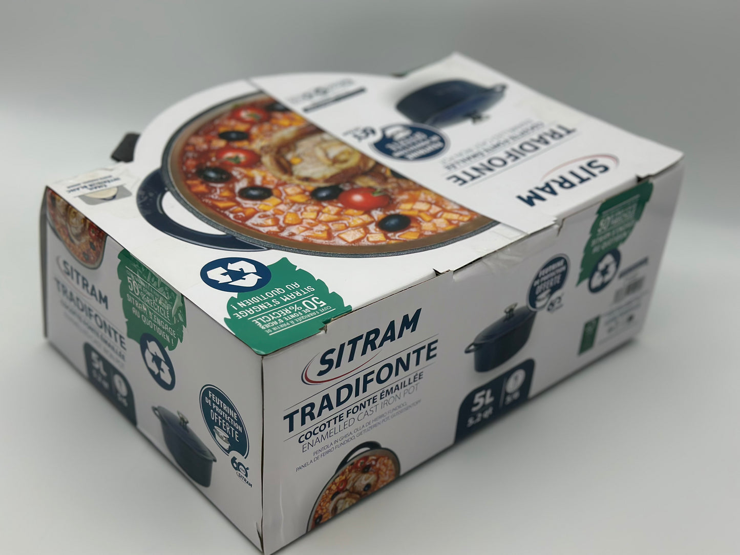 SITRAM Cocotte induction fonte émaillée recyclée ronde 5 L bleu/rouge 25 x 12 cm neuve