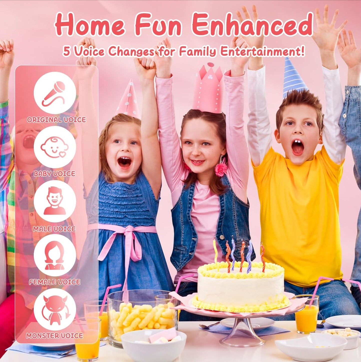 Machine à Karaoké pour Enfants 3-12 Ans - Micro sans Fil Bluetooth, 2 Micros, Lumières LED, Transformateur de Voix - Cadeau Anniversaire Fille/Garçon, Jeux de Musique Famille - Batterie Rechargeable