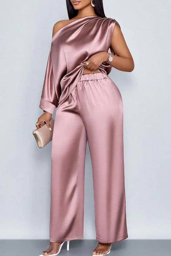 transfrontalier été décontracté Costume en satin pour femmes Col incliné Ensemble de pantalons à manches courtes