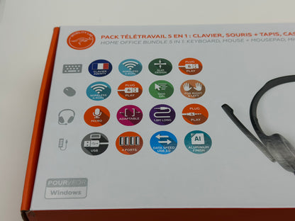 Pack Clavier AZERTY sans Fil, Souris, Tapis de Souris, HUB 4 Ports USB, Casque-Micro