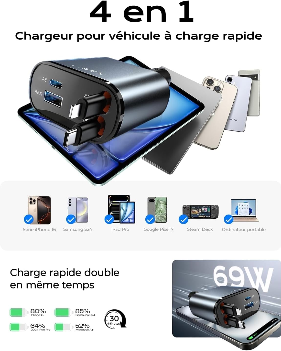 Chargeur Voiture USB C 69W 4 en 1 Rétractable[Câble Magique & Rebond Instantané] Chargeur Allume Cigare Voyage Camping Car Accessoires, Cadeau Maman Papa Cadeau Fête Des Meres pour iPhone 16 15