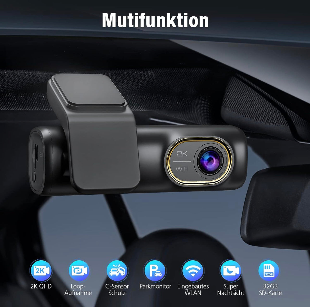 Dashcam Voiture Avant 2K 1440P, Camera Voiture, avec Carte SD 32GB, WiFi & APP, Grand Angle de 150°, Vision Nocturne IR, Enregistrement en Boucle, 24 Eures Mode Parking, G-Capteur, WDR