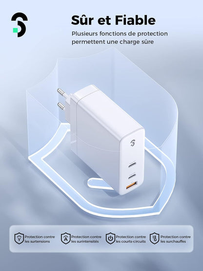 140W GaN Chargeur USB C - SOOMFON PD 3.1 Laptop Chargeur Rapide 3 Ports, Compatible avec MacBook Pro 16″/Air, iPad Pro, iPhone 14/13/12 Pro Max, Galaxy S22/S21, Pixel, Xiaomi et Plus Encore