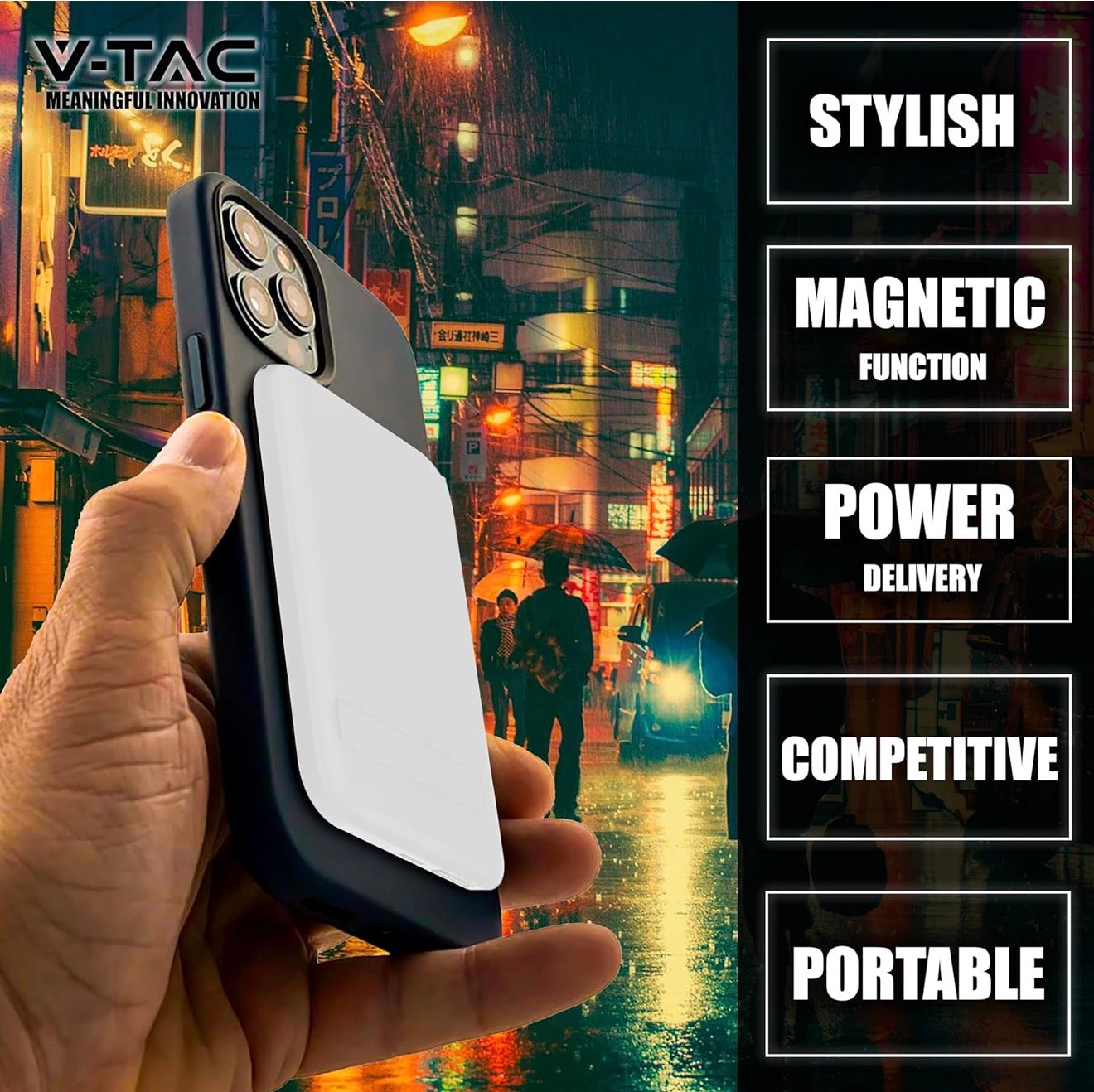 V-TAC Power Bank Magnétique Compatible avec MagSafe - 10 000 mAh - Charge Rapide PD 20 W - Batterie Externe pour Apple iPhone 12/13/14/15/Mini/Pro/Max - Noir