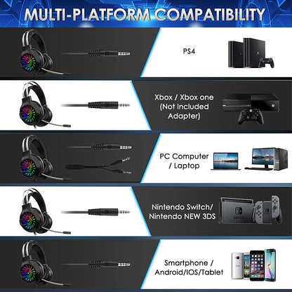 Casque de Jeu, Casque de Jeu Filaire stéréo 3,5 mm avec rétroéclairage Arc-en-Ciel RVB, Son Surround de Casque Professionnel et Microphone à réduction de Bruit, pour PS4 / Xbox One/Mac/PC (Noir)