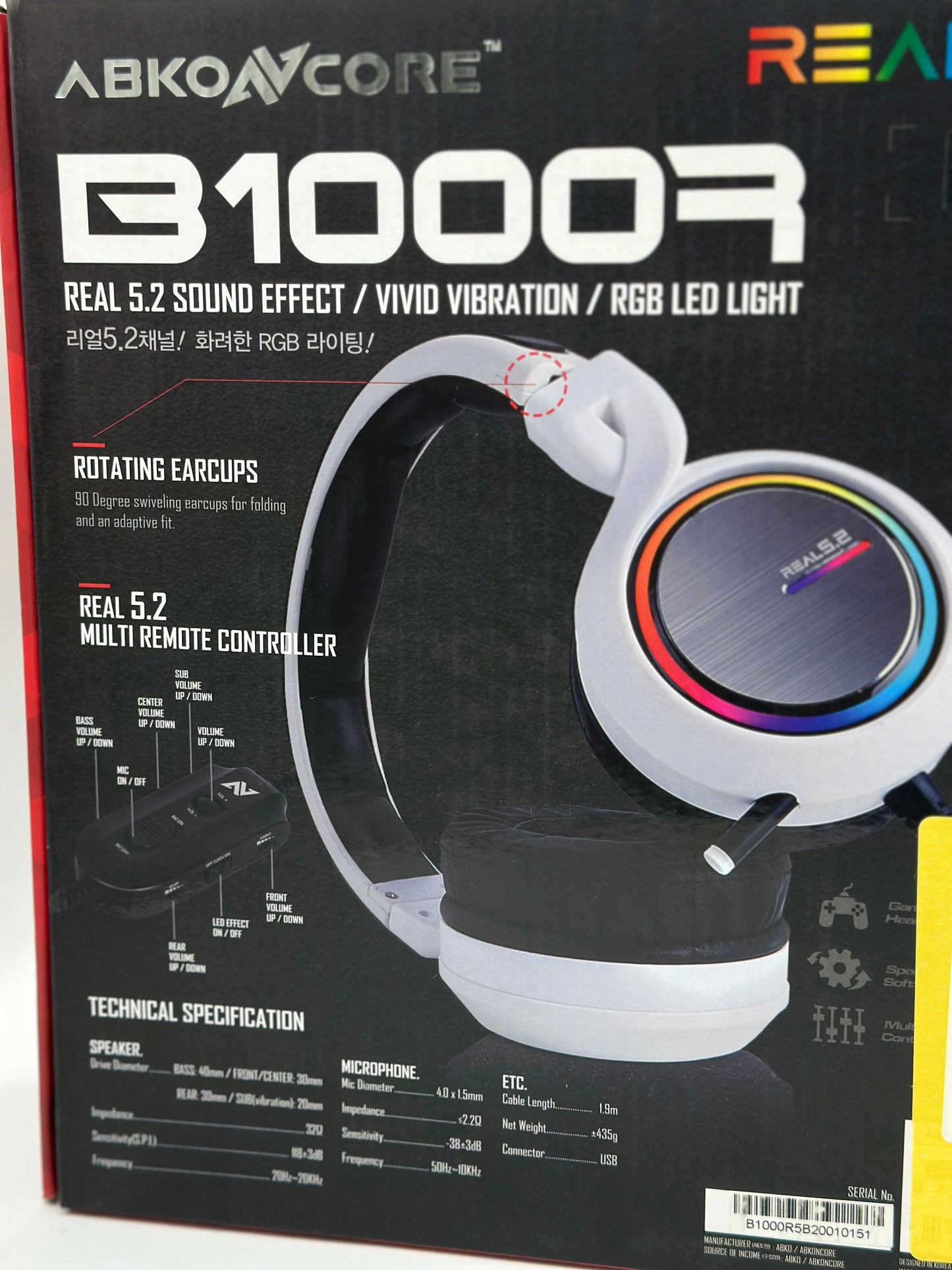 Abkoncore B1000R Real 5.2 Noir
Casque-Micro Pour Gamer Circum-Aural Fermés- Son Surround 5.2 - Micro Retractable - Générateur De Vibrations - Retro-Éclairage RGB - USB/PC