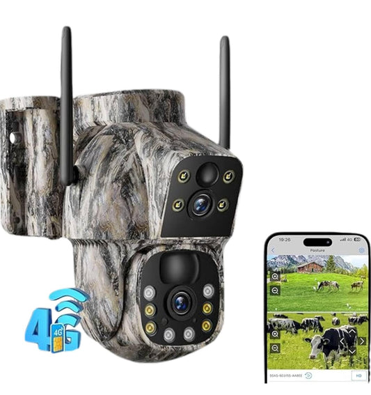 Camera Chasse 4G, Batterie 12000mAh, 2K+2K Double Caméra 4G Autonome,Camera 4G Solaire Exterieur avec détection de Mouvement,Vision Nocturne Couleur,Suivi Automatique,IP66（sans Panneau Solaire）compatible avec tout les opérateurs mobiles