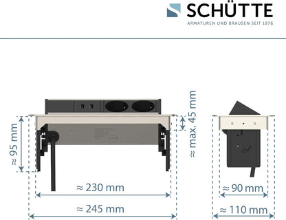 SCHÜTTE Multiprise Pliable pour Plan de Travail (2 Ports USB et 2 Prises de 230 V), Prise encastrable pour la Cuisine à équiper, Prise de Table en Acier Inoxydable