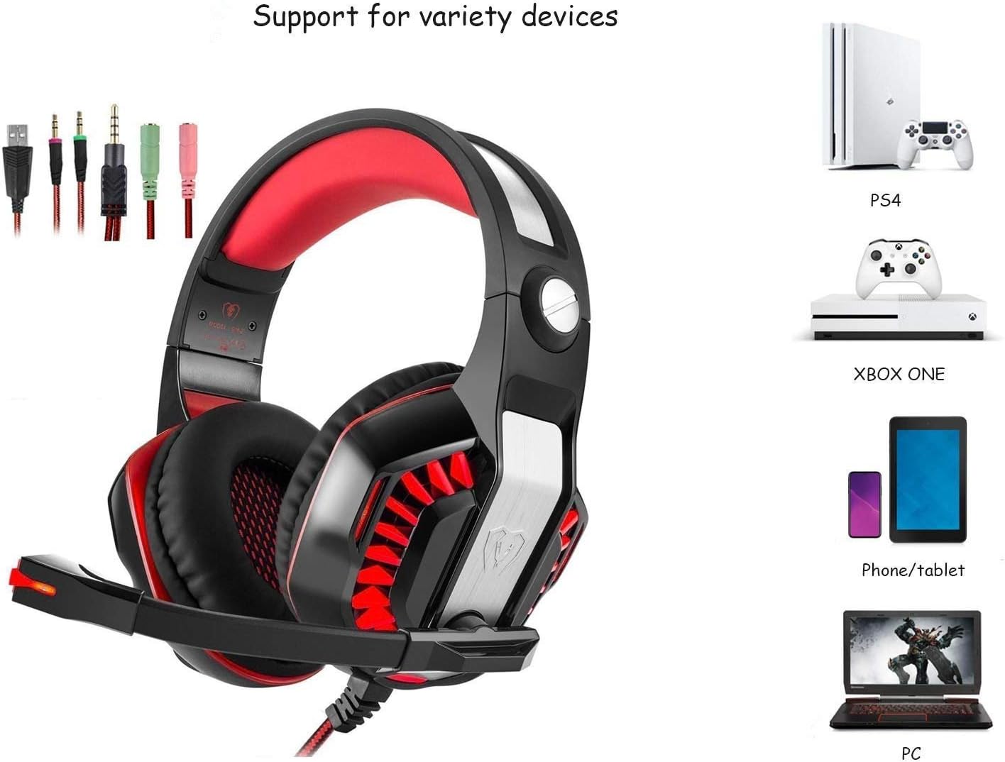 Casque Gaming PS4 Filaire avec Micro Basse Stéréo LED, Contrôle du Volume pour Playstation 4 PC Xbox