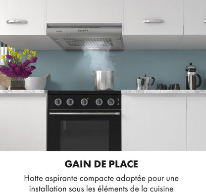 Klarstein Capannina - Hotte de cuisine aspirante, 166m³/h, 80W, 60 cm, 3 vitesses, Eclairage LED, 1 lampe x 1,5W, Panneau de commande tactile, Possibilité de recyclage d'air, Acier inoxydable, Argent [Classe énergétique C] neuf