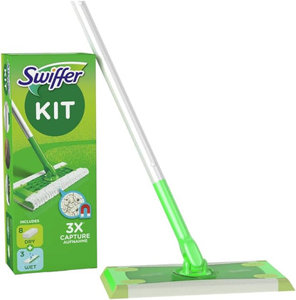 Swiffer Kit Complet Balai, 8 Lingettes Sèches + 3 Lingettes Humides, Idéal pour les Sols en Bois Neu