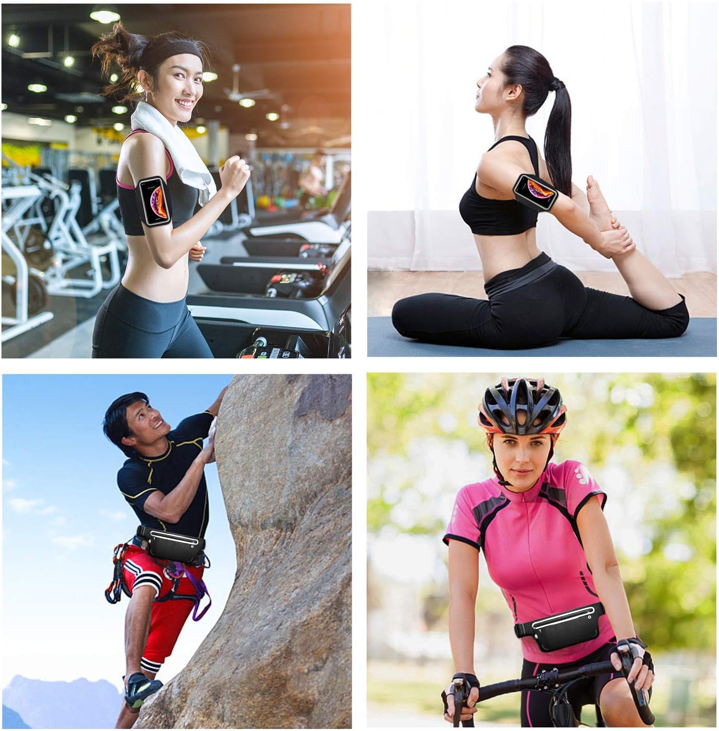 Ensemble de bracelet de sac de hanche de sport, ensemble de sac de course de sport et de bracelet pour smartphones ceinture de course de jogging, sac banane femme homme, avec porte-clé, trou pour casque et bande d'extension - Noir
