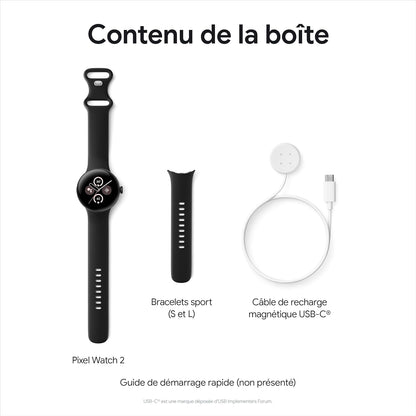 Google Pixel Watch 2 – Boîtier en Aluminium Noir Mat – Bracelet Sport Noir Volcanique – Wi-FI