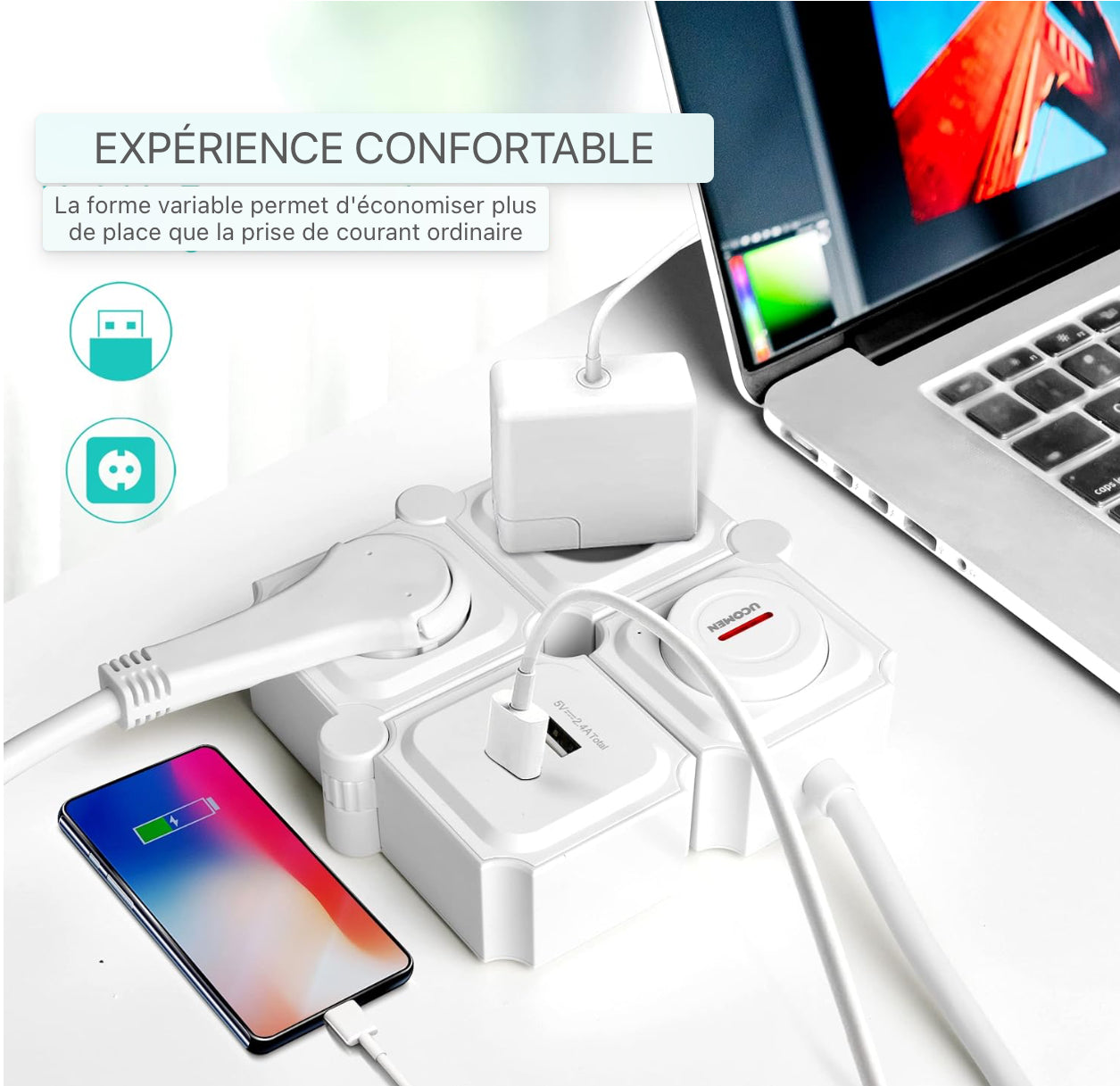 Multiprise Protection contre les surtensions Prise multiple avec fonction de charge USB, adaptateur de prise à 2 compartiments, répartiteur de prise à rotation de 180 degrés pour voyage avec interrupteur, à la maison 3680W 16A, blanc