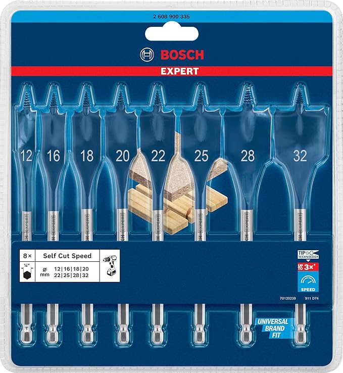 Bosch Professional Coffret de 8x mèches plates Expert SelfCut Speed (pour Bois résineux, Panneau aggloméré, Ø 12-32 mm, Accessoire Perceuse à percussion)