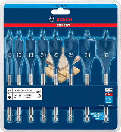 Bosch Professional Coffret de 8x mèches plates Expert SelfCut Speed (pour Bois résineux, Panneau aggloméré, Ø 12-32 mm, Accessoire Perceuse à percussion)