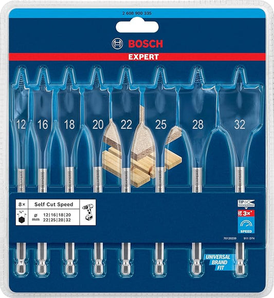 Bosch Professional Coffret de 8x mèches plates Expert SelfCut Speed (pour Bois résineux, Panneau aggloméré, Ø 12-32 mm, Accessoire Perceuse à percussion)