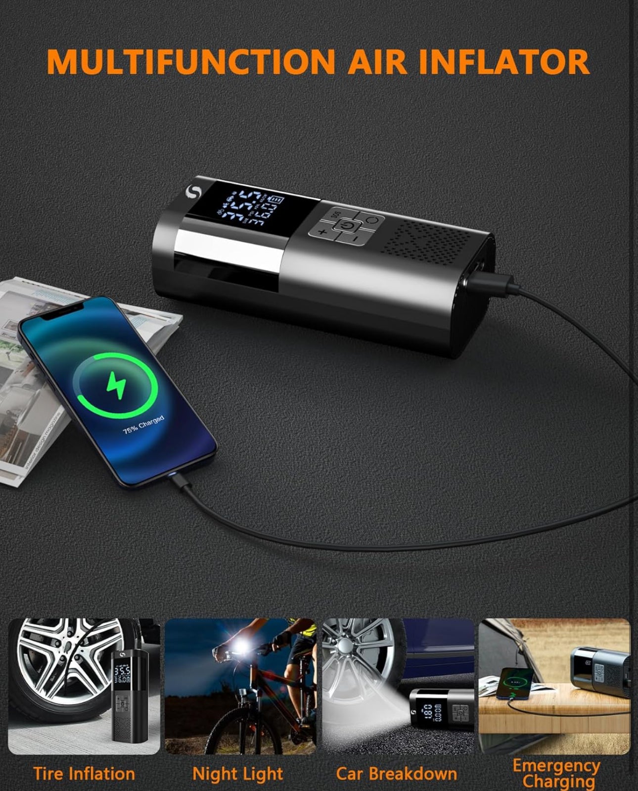 Compresseur à Air Portatif, Gonfleur Pneus Voiture sans Fil avec Jauge, Accessoire Voiture pour Hommes, Mini Compresseur 150PSI 12V DC avec Lumière LED pour Voiture Moto Bicyclette Boule