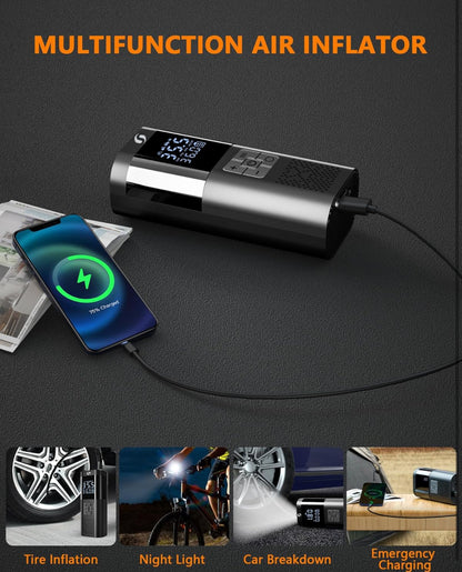 Compresseur à Air Portatif, Gonfleur Pneus Voiture sans Fil avec Jauge, Accessoire Voiture pour Hommes, Mini Compresseur 150PSI 12V DC avec Lumière LED pour Voiture Moto Bicyclette Boule