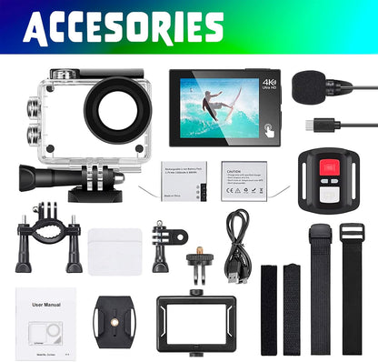 Exprotrek Action Camera 4K 30fps Ultra HD, Caméra d'action 40 m 100 Pieds étanche WiFi Ultra Grand Angle 170°, télécommande, 2 Batteries et kit d'accessoires pour Casque