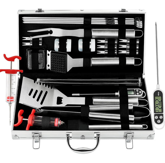 Set Barbecue, 25pcs Barbecue Accessoire avec Résistant à la Chaleur dans Le Cas, Premium Complète Kit Barbecue - Ustensiles Barbecue pour Homme