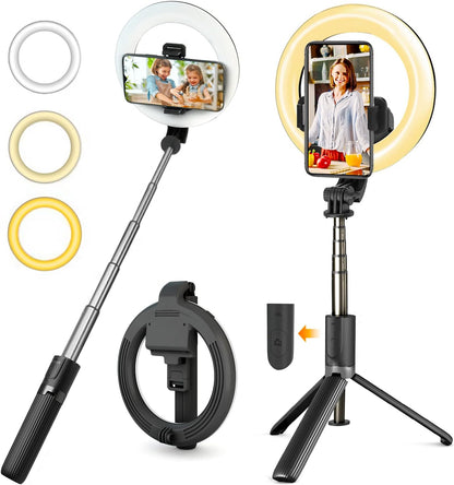 Perche a Selfie [avec Selfie Ring Light], 35.4'' Aluminium Extensible Selfie Stick 360° Rotation avec Bluetooth, Monopode Rechargeable Selfie Anneau Lumineux Compatible pour iPhone/Huawei/Gopro