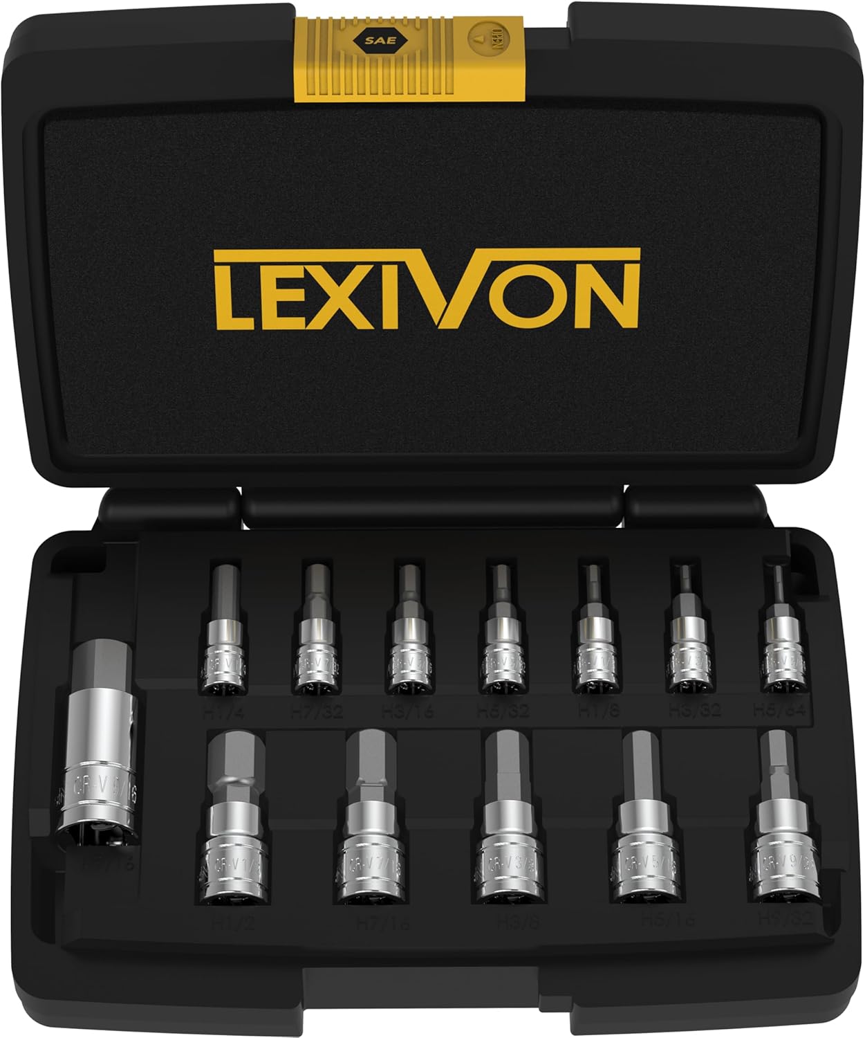 LEXIVON Set de 13 Douilles à 6 pans intérieurs | SAE Impériales taille de 5/64’’ à 9/16’’ | Jeu de hex douilles à embouts, entraînement 1/4" 3/8" 1/2" pour clés dynamométriques et perceuses (LX-142)